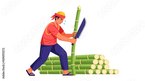 The Cane Cutter: A strong and determined man uses a machete to cut sugar cane, illustrating manual labor and dedication in a dynamic, illustrative style. 