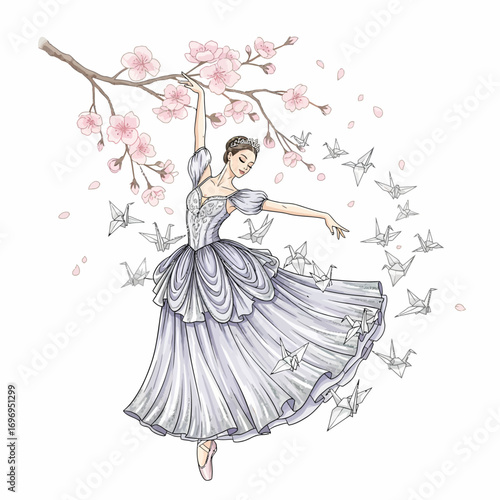 Elegant ballerina gracefully dances surrounded by delicate origami cranes and blooming cherry blossoms