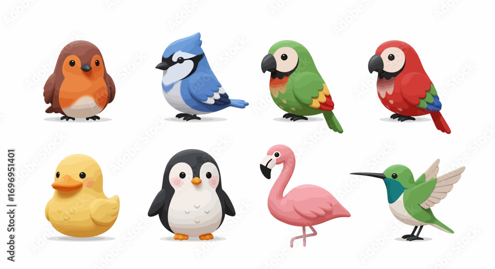 Naklejka premium Charming collection of diverse cartoon birds, a vibrant, playful assortment for creative projects.