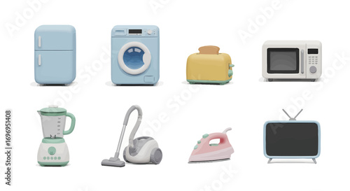 Charming collection of cute, cartoon-style home appliances for modern living and design projects