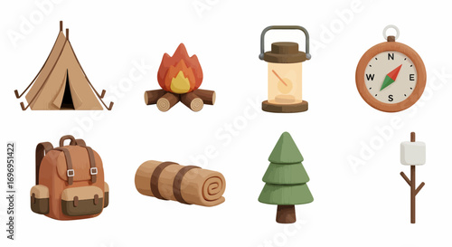 Whimsical 3D camping icons perfect for adventure themes, travel, and outdoor exploration projects.