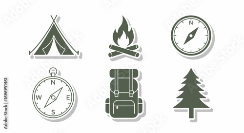 Camping Adventure Icons Tent, Fire, Compass, Backpack, and Tree