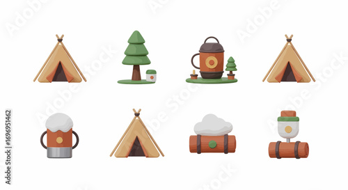Charming 3D camping icons perfect for outdoor adventure graphics and summer vacation designs