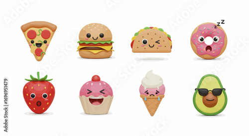 Adorable cute food characters with expressive faces for fun designs and playful marketing campaigns