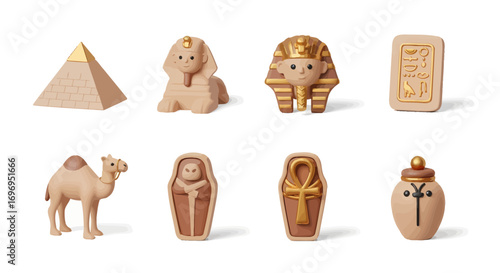 Charming 3D Egyptian icons featuring pyramids, camels, pharaohs, and hieroglyphs for vibrant designs