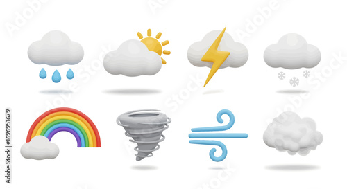 Captivating 3D weather icons showcase rain, sun, lightning, snow, rainbow, tornado, wind, and clouds for forecasts.