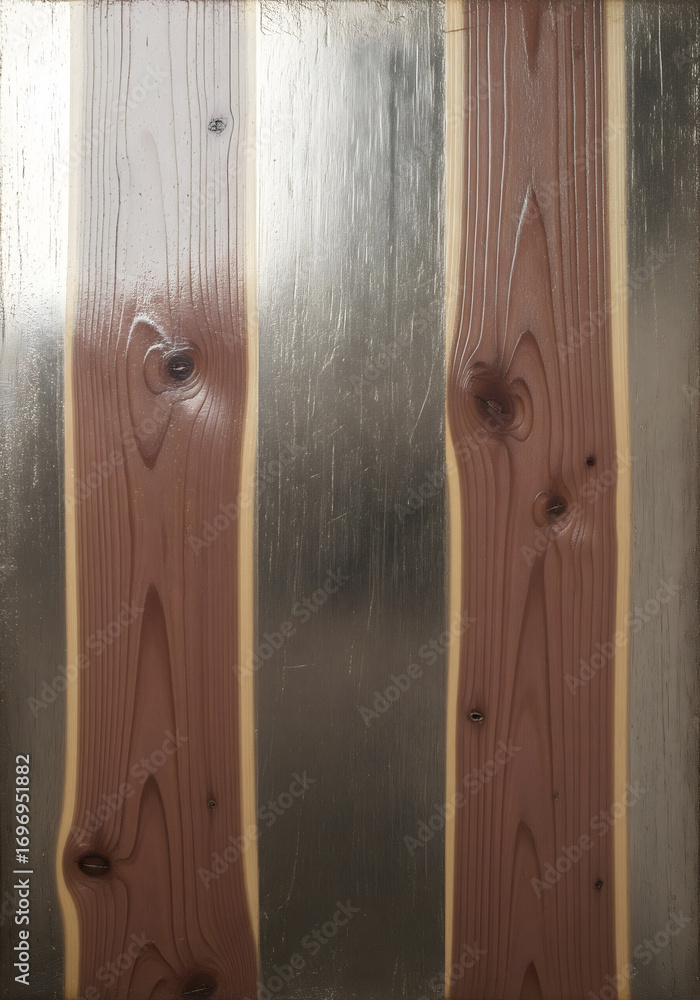 Fototapeta premium Vertical live edge wood planks with prominent grain and knots on a brushed metal background.