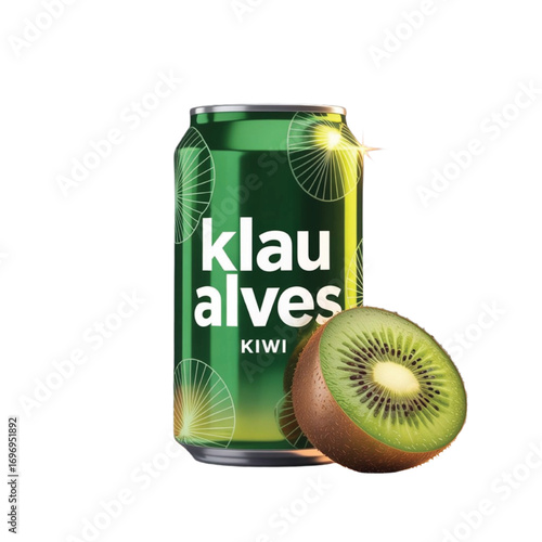 A vibrant green soda can labeled "Klau Alves KIWI" paired with a fresh half kiwi fruit. Glossy finish, radial slice motifs, and tropical energy make this perfect for beverage branding and ad visuals.
