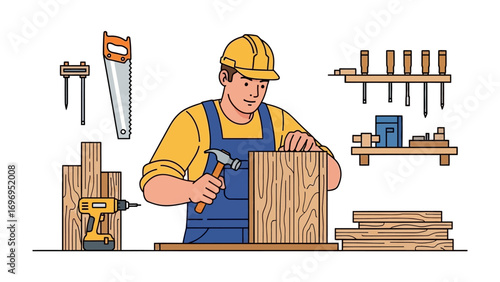 Artisan Craftsmanship: A skilled artisan meticulously uses a hammer in a workshop, surrounded by essential carpentry tools, showcasing expertise and precision in crafting wood.