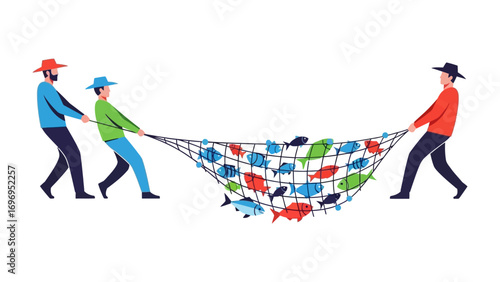 Fishermen Hauling a Filled Net: Three fishermen work collaboratively, straining to haul in a richly filled net, showcasing teamwork, effort, and the bounty of the sea in a vibrant scene.