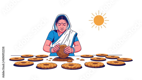 Artisan Crafting Dough: An Indian woman skillfully molds dough into a circular form, her gentle hands bringing life to each creation.