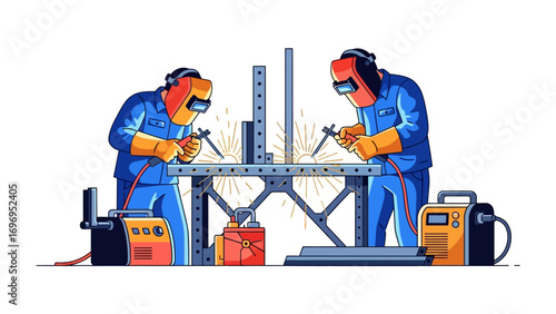 Artisan Welding: Two skilled artisans wearing safety helmets and protective gear meticulously weld metal, sparks flying, illustrating their craftsmanship and dedication to industrial artistry.