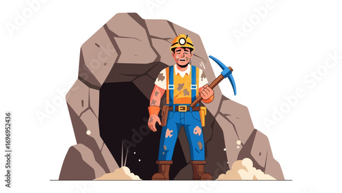 Mining Prospector at Entrance: A robust mining prospector, clad in practical work attire, stands confidently at the entrance of a rough-hewn cave. equipped with a pickaxe and a headlamp.