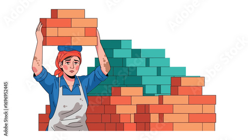 A woman with bricks on her head: A strong woman is shown balancing a stack of bricks, portraying hard work, construction, and dedication. This image speaks volumes about resilience and physical labor.