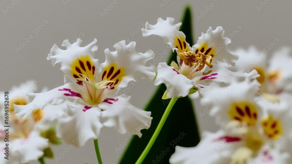 Obraz premium Northern catalpa flowers bloom with large white petals adorned with yellow and purple spots under natural light on a clean white backdrop