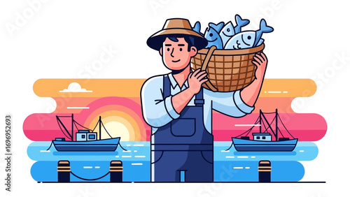 Fisherman's Bounty: A hearty illustration captures a fisherman proudly displaying a basket brimming with freshly caught fish on his shoulder.