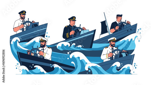 Nautical Navigation: Sailors commanding their vessels navigate through surging waves with unwavering determination. A striking illustration celebrating maritime skill and oceanic adventure.