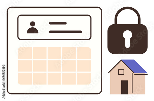 Profile interface with user ID, secure padlock, and house illustration. Ideal for privacy, data protection, online security, home safety, authentication, identity management simple flat metaphor
