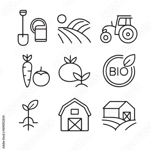 Farm icons set with tractor crops and barn agriculture