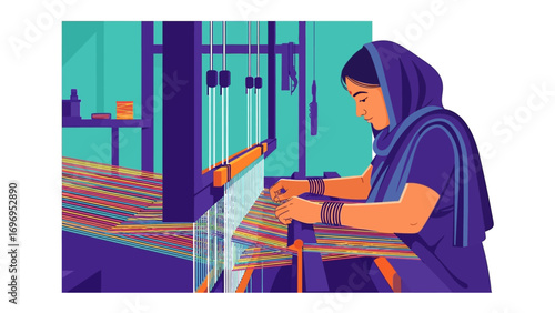 Woman Weaver and Her Loom: A woman in traditional attire intently works at a weaving loom, meticulously crafting fabric with skillful precision. An artistic view of timeless craftsmanship.
