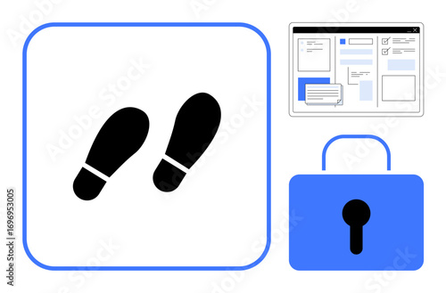 Footprints suggest tracking usage patterns, a window conveys data tracking, and a lock emphasizes security. Ideal for analytics, privacy, cybersecurity, auditing, workflow, monitoring simple flat