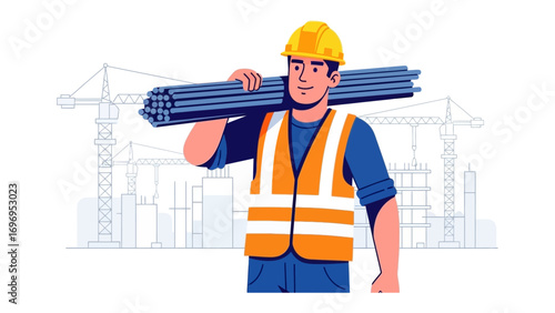 Construction Worker: A diligent construction worker strides confidently, steel reinforcement bars across his shoulder against a backdrop of building construction.