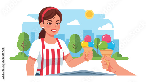 Sweet Temptation: A cheerful vendor serves vibrant scoops of ice cream to a delighted customer under the bright sun, creating a scene of pure summer joy.