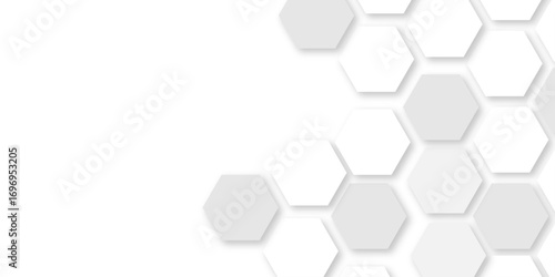 Abstract 3d geometric hexagon grey and white color technology style honeycomb seamless pattern background.