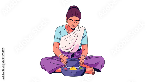 Woman at Work: Capturing a serene moment of a woman in a traditional setting. she is seated, meticulously working with a bowl and its contents, portraying an everyday life moment.