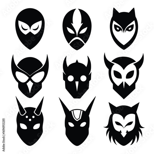 Nine Stylized Black Masks Featuring Superhero, Alien, and Animal Inspired Designs