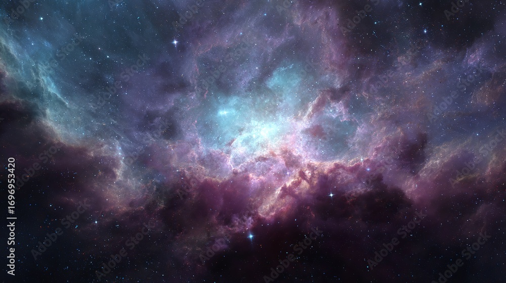 Fototapeta premium Vibrant cosmic nebula bursts with brilliant light, showcasing a stunning celestial expanse filled with countless distant stars and swirling gas clouds in deep space.