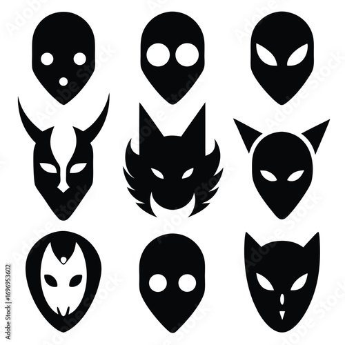 Collection of stylized black mask icons depicting aliens, devils, and catlike creatures