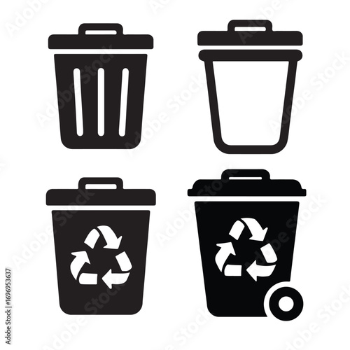 Four black trash can icons with recycling symbols garbage can