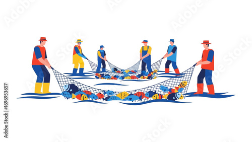 Vibrant Fisherman: A team of dedicated fishermen skillfully haul a teeming net of colorful fish, highlighting the beauty of a fruitful catch against a backdrop of serene water and coastal charm.
