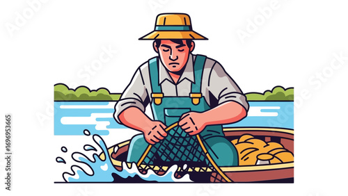 Fisherman's Labor: An illustration captures the essence of a diligent fisherman, diligently mending his net within his boat on a tranquil lake.