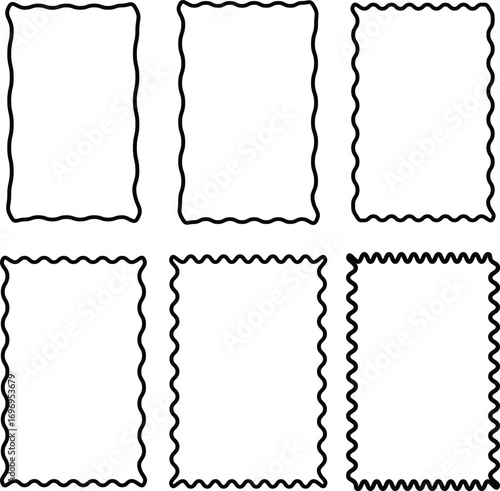 Black wavy rectangular frames scallop set, Postage stamp borders, rectangular shapes with squiggly borders, Decorative elements for Stickers, Posters, Chevron,

