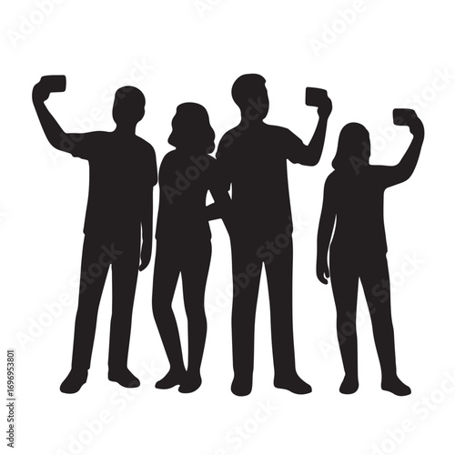 Four people silhouettes taking selfies with phones