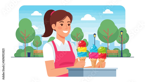 Ice Cream Vendor: A cheerful vendor stands proudly in a park setting, offering vibrant, multi-flavored ice cream cones, painted in bright and inviting colors.
