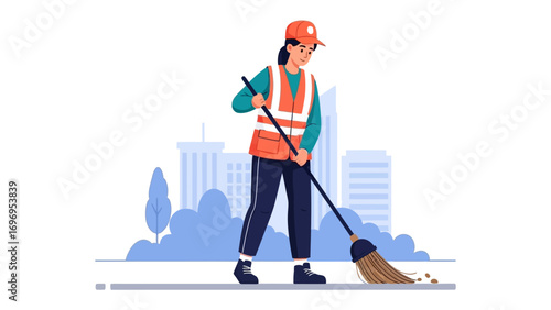 Street Sweeper at Work: A diligent street sweeper efficiently cleans a city street with a broom, emphasizing public service and urban maintenance in a crisp illustration.