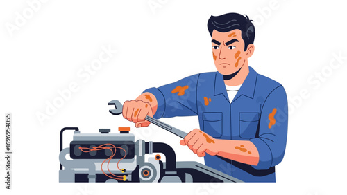 Mechanic at Work: A skilled mechanic diligently repairs a mechanical device, his focus unwavering as he utilizes his tools to diagnose and resolve the issue.