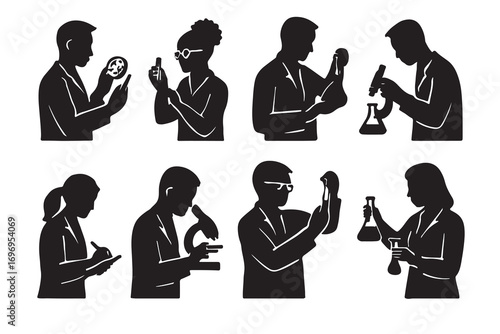 Scientists in lab coats performing experiments with lab equipment