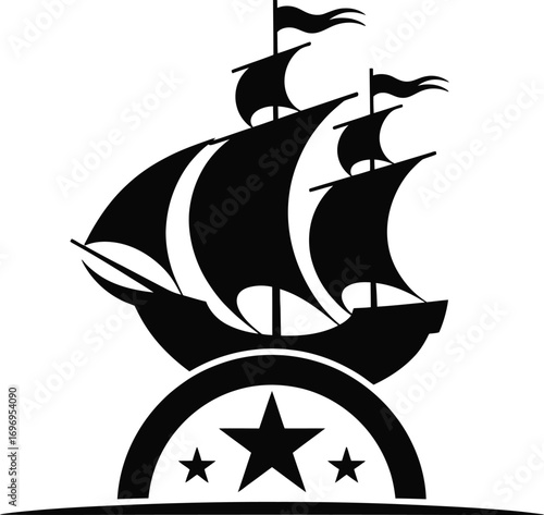 Classic silhouette of a tall ship with sails full and nautical star emblem below