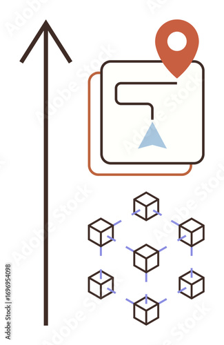 Arrow denoting direction, map path with geolocation pin and triangular marker, connected network of cubes. Ideal for navigation, geolocation, networking, blockchain, logistics, travel planning