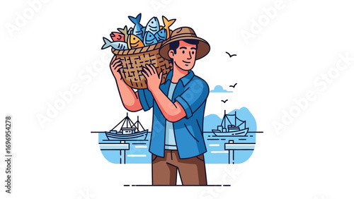 Harbor Haul: A sun-kissed fisherman, his face etched with experience, carries a wicker basket brimming with an assortment of freshly caught fish along a bustling harbor.