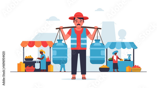 Market Vendor and Water Carriers: An illustration captures the scene of a market vendor carrying water containers with local customers nearby, bringing an essence of everyday life.