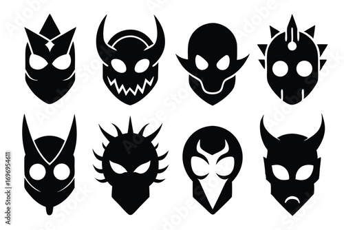 Collection of Eight Abstract Black Masks with Different Horns and Facial Features Silhouettes