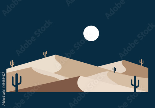 Serene Night Desert Landscape with Cacti and Full Moon.