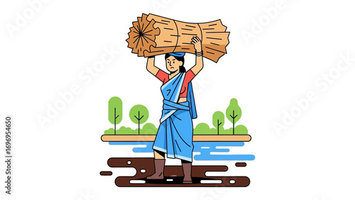 Burden Bearing: A figure of labor carries a heavy load, symbolizing strength, resilience, and the weight of daily life with an illustration style.