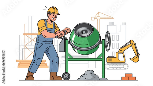 Construction Worker and Concrete Mixer: An illustration showcases a construction worker operating a concrete mixer, symbolizing the core of building and labor.