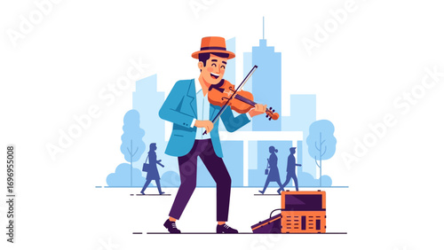 Street Musician's Melody: A talented violinist performs on a city street, his music filling the urban landscape, embodying the spirit of artistry and expression. 